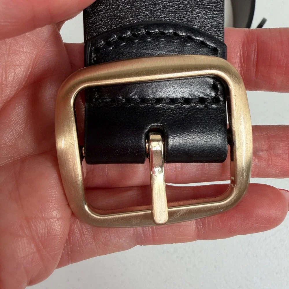 Lands End 2X Belt Black Leather Classic Gold Buckle 544422 F24 Plus Size Mens